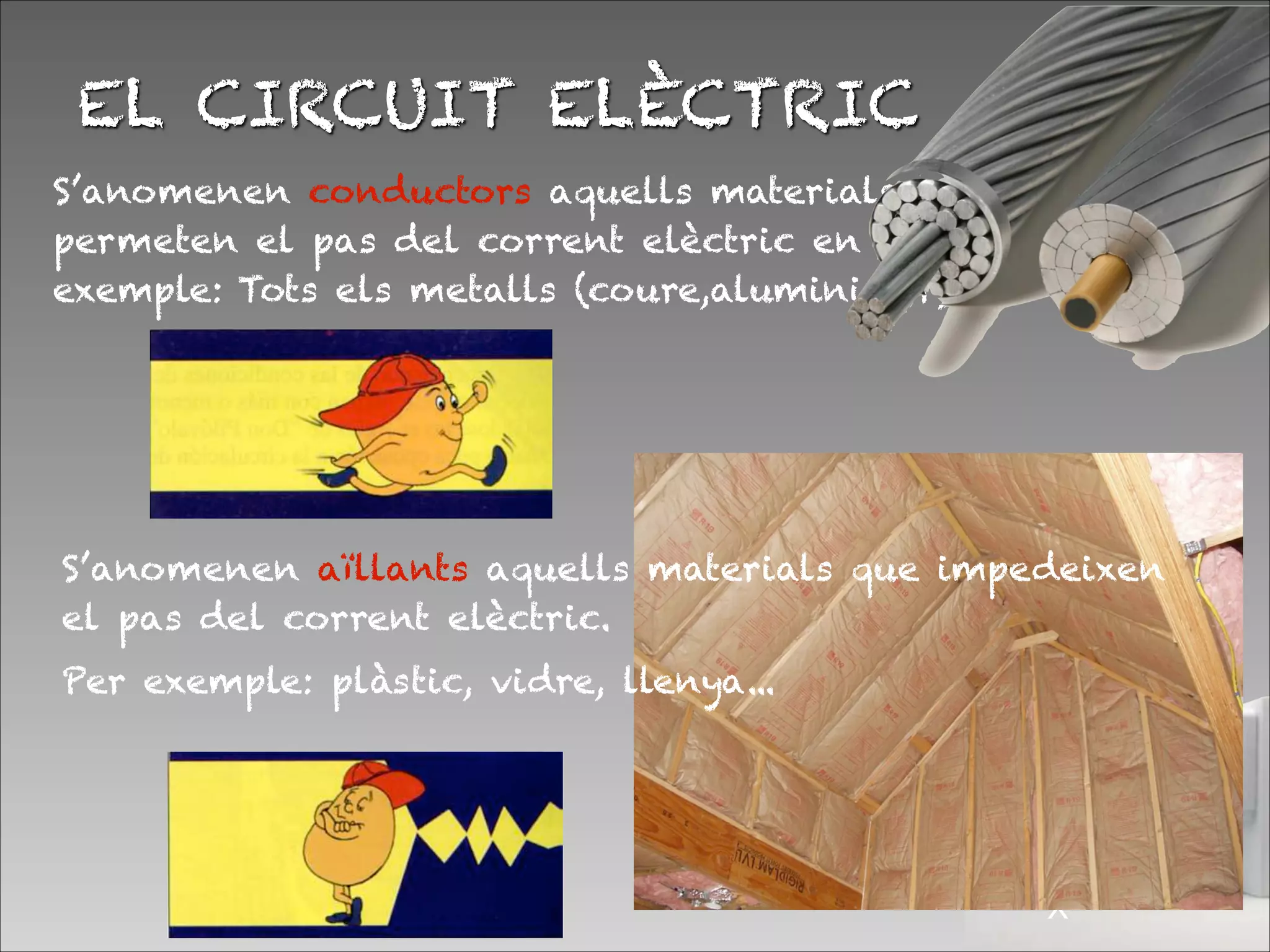 !X
S’anomenen conductors aquells materials que
permeten el pas del corrent elèctric en un circuit. Per
exemple: Tots els metalls (coure,alumini, or).
EL CIRCUIT ELÈCTRIC
S’anomenen aïllants aquells materials que impedeixen
el pas del corrent elèctric.
Per exemple: plàstic, vidre, llenya...

 