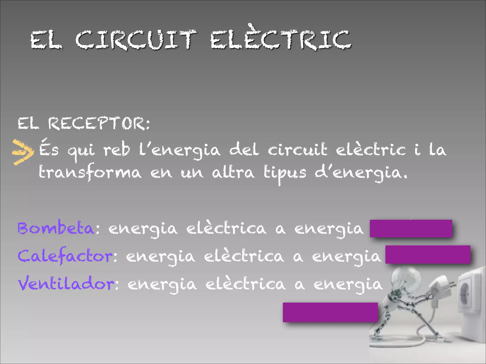 EL RECEPTOR:


EL CIRCUIT ELÈCTRIC
És qui reb l’energia del circuit elèctric i la
transforma en un altra tipus d’energia.

Bombeta: energia elèctrica a energia lumínica
Calefactor: energia elèctrica a energia tèrmica
Ventilador: energia elèctrica a energia
mecànica.
 