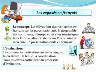 Le concept : Les élèves font des recherches en français sur les parcs nationaux, la géographie des continents, l’Europe et les sites touristiques hors Europe, afin d’élaborer un PowerPoint et d’en faire un présentation orale en français. L’évaluation: Le contenu, la motivation envers la langue, la créativité,  la tenue, la coordination. Tous les élèves participent au processus d’évaluation.  Les exposés en français 