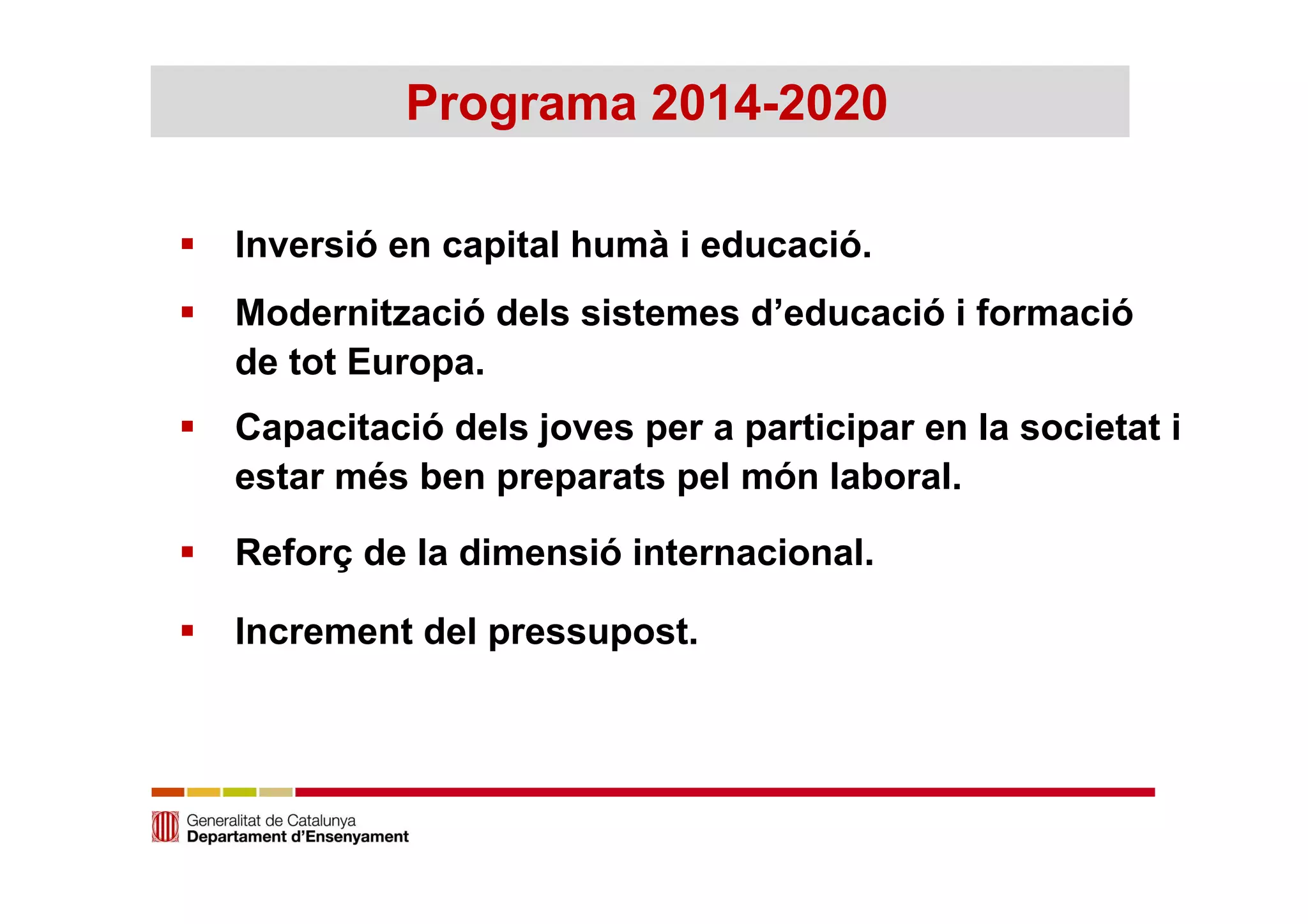 Programa 2014-2020 
 Inversió en capital humà i educació. 
 Modernització dels sistemes d’educació i formació 
de tot Europa. 
 Capacitació dels joves per a participar en la societat i 
estar més ben preparats pel món laboral. 
 Reforç de la dimensió internacional. 
 Increment del pressupost. 
 