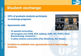 25% of graduate students participate in exchange programs Agreements with  15 spanish universities, 18 european univ (TUW, KTH, Aalborg, Delft, IST, PoliTo, Newi, Braunschweig, Limmerick ) 2 Latino américa universities (ITec Monterrey, Sto Tomas). Facilities to establish new agreements and to host foreign students. Student exchange 
