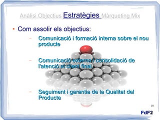 Anàlisi Objectius  Estratègies  Màrqueting Mix Com assolir els objectius: Comunicació i formació interna sobre el nou producte Comunicació externa i consolidació de l'atenció al client final . Seguiment i garantia de la Qualitat del Producte 