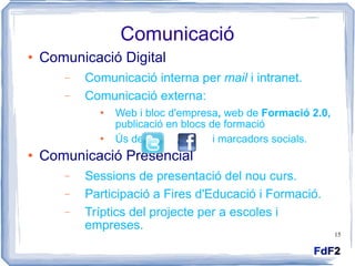 Comunicació Comunicació Digital Comunicació interna per  mail  i intranet. Comunicació externa:  Web i bloc d'empresa ,  web de  Formació 2.0,  publicació en blocs de formació  Ús de  ,  i marcadors socials. Comunicació Presencial Sessions de presentació del nou curs.  Participació a Fires d'Educació i Formació. Tríptics del projecte per a escoles i empreses. 