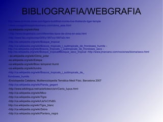 BIBLIOGRAFIA/WEBGRAFIA
http://www.animals-zone.com/tigers-buddhist-monks-live-thailands-tiger-temple
- www.voyagesfotosphotosmanu.com/clima_asia.html
-ca.wikipedia.org/wiki/Àsia
- http://www.blogtelopia.com/diferentes-tipos-de-clima-en-asia.html
-http://www.fao.org/docrep/005/y1997s/y1997s0r.htm
-http://es.wikipedia.org/wiki/Bosque_tropical
-http://ca.wikipedia.org/wiki/Boscos_tropicals_i_subtropicals_de_frondoses_humits -
http://ca.wikipedia.org/wiki/Boscos_tropicals_i_subtropicals_de_frondoses_secs -
http://es.wikipedia.org/wiki/Bosque_tropical#Bosque_seco_tropical -http://www.jmarcano.com/nociones/bioma/seco.html
- es.wikipedia.org/wiki/Clima_polar
-es.wikipedia.org/wiki/Estepa
-ca.wikipedia.org/wiki/Bosc temperat Humit
-ca.wikipedia.org/wiki/tundra
-http://ca.wikipedia.org/wiki/Boscos_tropicals_i_subtropicals_de_
frondoses_humits
-Enciclopedia Catalana, Multienciclopedia Temàtica Medi Físic. Barcelona 2007
-http://ca.wikipedia.org/wiki/Panda_gegant
-http://www.wikilingua.net/ca/articles/c/a/n/Canis_lupus.html
-http://ca.wikipedia.org/wiki/Mico
-http://ca.wikipedia.org/wiki/Tigre
-http://ca.wikipedia.org/wiki/Lle%C3%B33
-http://ca.wikipedia.org/wiki/Tigre_blanc
-http://ca.wikipedia.org/wiki/Zebra
-http://ca.wikipedia.org/wiki/Pantera_negra
 