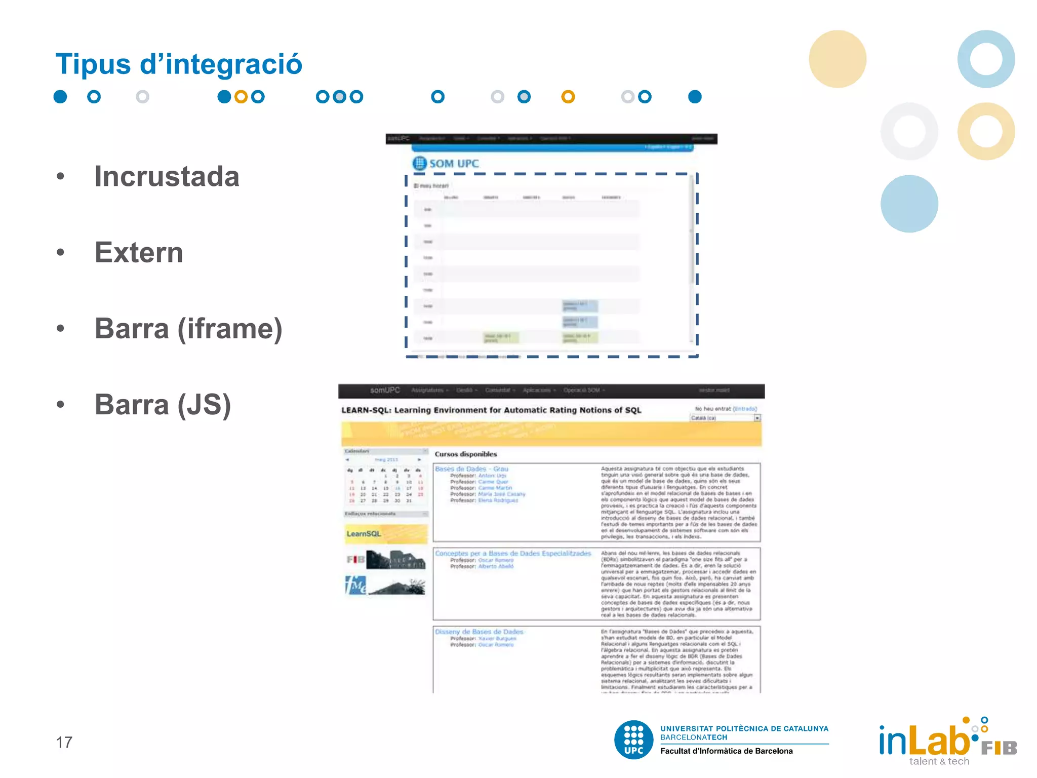 Tipus d’integració

• Incrustada
• Extern
• Barra (iframe)
• Barra (JS)

17

 