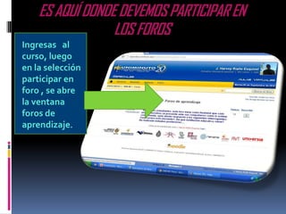 ES AQUÍ DONDE DEVEMOS PARTICIPAR EN
                 LOS FOROS
Ingresas al
curso, luego
en la selección
participar en
foro , se abre
la ventana
foros de
aprendizaje.
 