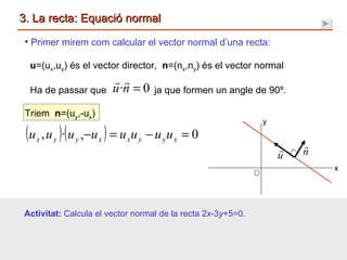 3. La recta: Equació normal <ul><li>Primer mirem com calcular el vector normal d’una recta: </li></ul><ul><li>u =(u x ,u y...