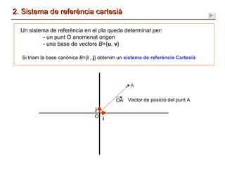 2. Sistema de referència cartesià Un sistema de referència en el pla queda determinat per:  - un punt O anomenat origen - ...