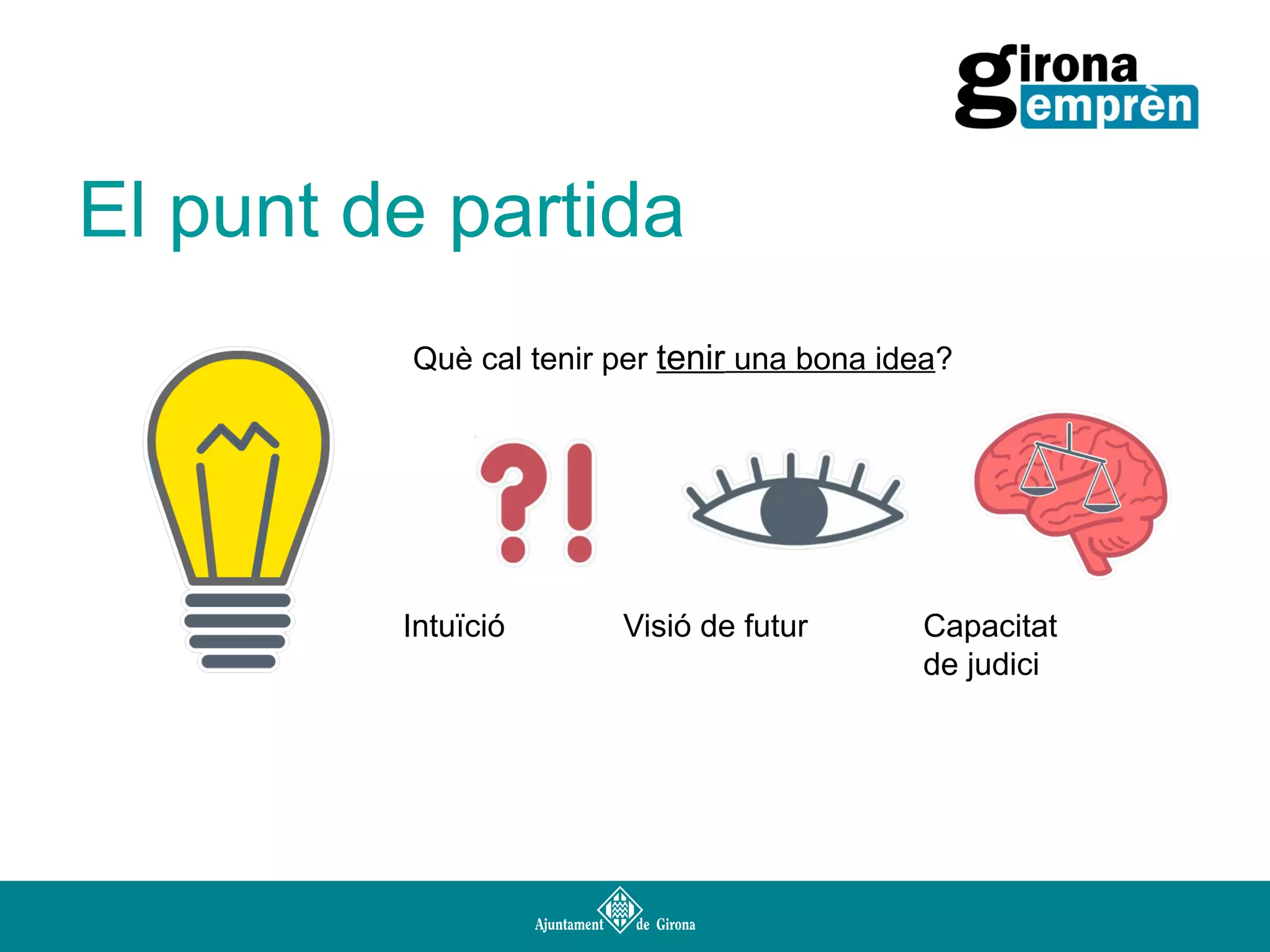 El punt de partida
Què cal tenir per tenir una bona idea?

Intuïció

Visió de futur

Capacitat
de judici

 
