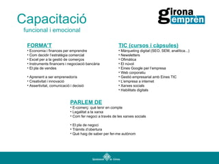Capacitació
funcional i emocional
FORMA’T

TIC (cursos i càpsules)

• Economia i finances per emprendre
• Com decidir l’estratègia comercial
• Excel per a la gestió de comerços
• Instruments financers i negociació bancària
• El pla de vendes

• Màrqueting digital (SEO, SEM, analítica...)
• Newsletters
• Ofimàtica
• El núvol
• Eines Google per l’empresa
• Web corporatiu
• Gestió empresarial amb Eines TIC
• L’empresa a internet
• Xarxes socials
• Habilitats digitals

• Aprenent a ser emprenedor/a
• Creativitat i innovació
• Assertivitat, comunicació i decisió

PARLEM DE
• E-comerç: què tenir en compte
• Legalitat a la xarxa
• Com fer negoci a través de les xarxes socials
• El pla de negoci
• Tràmits d’obertura
• Què haig de saber per fer-me autònom

 