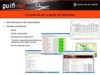 com ho faig ... router i antena externa a la teulada cable curt, 1 a 3 m caixa estanca o sota teulada cable de xarxa entre el router i l'ordinador fins a 100 m com és el node de casa ? Teulada Antena i router Ordinador Portàtil sense fils Ordinador Interior Exterior Cable xarxa Cable xarxa Cable xarxa Router sense fils Sense fils 
