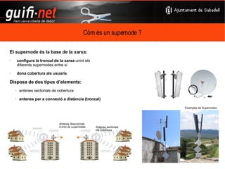 és coordinació: entre els interessats d’un lloc per poder muntar la infraestructura comuna necessària per fer la xarxa és col·laboració: particulars, empreses i administracions fem una xarxa oberta pública amb l’aportació dels participants què és guifi.net ? 