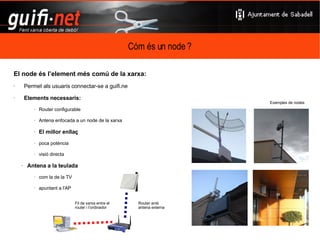 NO  és una iniciativa comercial NO  és un proveïdor de serveis d’Internet (ISP)‏ NO és un sistema de pagament NO és cap associació, persona jurídica o empresa NO representa cap organisme oficial NO exigeix res a ningú cadascú aporta el que vol sense cap tipus d’obligació què NO és guifi.net ? 