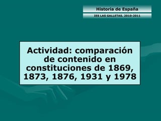 Historia de España
Actividad: comparación
de contenido en
constituciones de 1869,
1873, 1876, 1931 y 1978
IES LAS GALLETAS. 2010-2011
 
