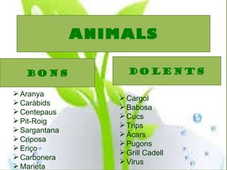 ANIMALS BONS DOLENTS Aranya Caràbids Centepaus Pit-Roig Sargantana Criposa Eriço Carbonera Marieta Cargol Babosa Cucs Trips Àcars Pugons Grill Cadell Virus 