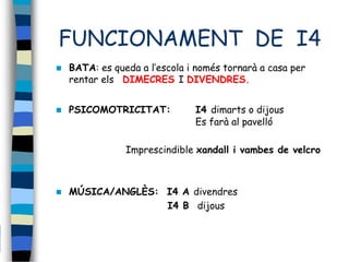 FUNCIONAMENT DE I4
 BATA: es queda a l’escola i només tornarà a casa per
rentar els DIMECRES I DIVENDRES.
 PSICOMOTRICITAT: I4 dimarts o dijous
Es farà al pavelló
Imprescindible xandall i vambes de velcro
 MÚSICA/ANGLÈS: I4 A divendres
I4 B dijous
 