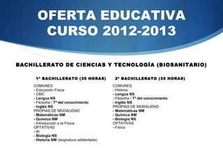 OFERTA EDUCATIVA
       CURSO 2013-2014

BACHILLERATO DE CIENCIAS Y TECNOLOGÍA (BIOSANITARIO)

     1º BACHILLERATO (35 HORAS)              2º BACHILLERATO (35 HORAS)
    COMUNES                                 COMUNES
    - Educación Física                      - Historia
    - CMC                                   - Lengua NS
    - Lengua NS                             - Filosofía / Tª del conocimiento
    - Filosofía / Tª del conocimiento       - Inglés NS
    - Inglés NS                             PROPIAS DE MODALIDAD
    PROPIAS DE MODALIDAD                    - Matemáticas NM
    - Matemáticas NM                        - Química NM
    - Química NM                            - Biología NS
    - Introducción a la Física              OPTATIVAS
    OPTATIVAS                               - Física
    - AI
    - Biología NS
    - Historia NM (asignatura adelantada)
 