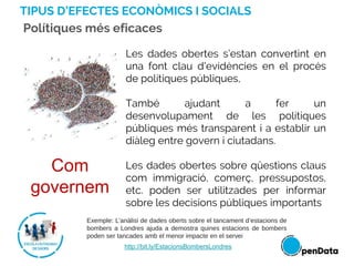 Com
governem
Les dades obertes s’estan convertint en
una font clau d'evidències en el procés
de polítiques públiques,
També ajudant a fer un
desenvolupament de les polítiques
públiques més transparent i a establir un
diàleg entre govern i ciutadans.
Les dades obertes sobre qüestions claus
com immigració, comerç, pressupostos,
etc. poden ser utilitzades per informar
sobre les decisions públiques importants
Exemple: L'anàlisi de dades oberts sobre el tancament d’estacions de
bombers a Londres ajuda a demostra quines estacions de bombers
poden ser tancades amb el menor impacte en el servei
http://bit.ly/EstacionsBombersLondres
TIPUS D’EFECTES ECONÒMICS I SOCIALS
Polítiques més eficaces
 