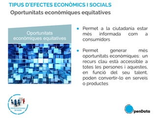 TIPUS D’EFECTES ECONÒMICS I SOCIALS
Oportunitats econòmiques equitatives
Oportunitats
econòmiques equitatives
● Permet a la ciutadania estar
més informada com a
consumidors
● Permet generar més
oportunitats econòmiques: un
recurs clau està accessible a
totes les persones i aquestes,
en funció del seu talent,
poden convertir-lo en serveis
o productes
 