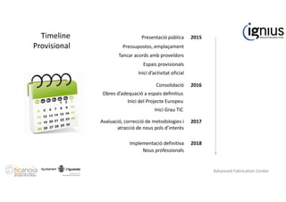 Timeline
Provisional
Presentació pública
Consolidació
Inici Grau TIC
2016
2015
Pressupostos, emplaçament
Tancar acords amb proveïdors
Espais provisionals
Inici d’activitat oficial
Obres d’adequació a espais definitius
Inici del Projecte Europeu
2017Avaluació, correcció de metodologies i
atracció de nous pols d’interès
2018Implementació definitiva
Nous professionals
Advanced Fabrication Center
 