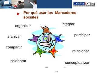 Por qué usar los Marcadores
            sociales

     organizar                 integrar


archivar                              participar


compartir
                                     relacionar

  colaborar                      conceptualizar
                      …         …
                           …
 