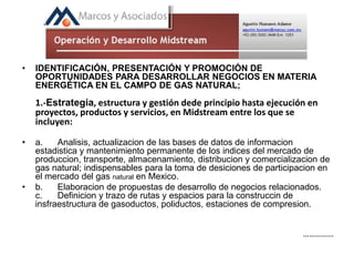 • IDENTIFICACIÓN, PRESENTACIÓN Y PROMOCIÓN DE
OPORTUNIDADES PARA DESARROLLAR NEGOCIOS EN MATERIA
ENERGÉTICA EN EL CAMPO DE GAS NATURAL;
1.-Estrategia, estructura y gestión dede principio hasta ejecución en
proyectos, productos y servicios, en Midstream entre los que se
incluyen:
• a. Analisis, actualizacion de las bases de datos de informacion
estadistica y mantenimiento permanente de los indices del mercado de
produccion, transporte, almacenamiento, distribucion y comercializacion de
gas natural; indispensables para la toma de desiciones de participacion en
el mercado del gas natural en Mexico.
• b. Elaboracion de propuestas de desarrollo de negocios relacionados.
c. Definicion y trazo de rutas y espacios para la construccin de
insfraestructura de gasoductos, poliductos, estaciones de compresion.
……………
 