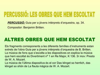 CLARINET:  Concert per a clarinet i orquestra en La Major, KV 622.  3r moviment: Rondó. Allegro. Compositor: Wolfgang Amadeus Mozart. FAGOT:  Concert per a fagot i orquestra en Si b M, KV 191.  3r moviment: Rondó: Tempo di minuetto. Compositor: Wolfgang Amadeus Mozart. SAXÒFON ALT:  Rapsòdia per a saxòfon alt i orquestra.  Compositor: Claude Debussy.  TROMPETA:  Concert per a dos trompetes en Do Major.  1r moviment: Allegro. Compositor: Antonino Vivaldi.  TROMPA:  Concert per a trompa i orquestra en Mi bemoll Major, KV 447.  3r moviment: Allegro. Compositor: Wolfgang Amadeus Mozart.  TUBA:  Concert per a tuba i orquestra. 1r moviment: Allegro moderato.  Compositor: J. Williams. TROMBÓ: 