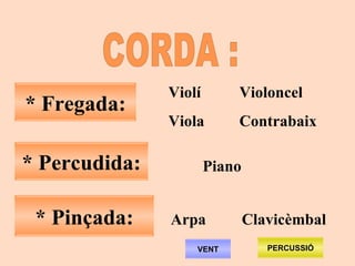 CORDA : Violí Violoncel Viola Contrabaix Piano Arpa Clavicèmbal * Fregada: * Percudida: *  Pinçada : VENT PERCUSSIÓ 