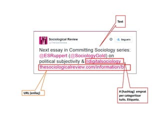 # (hashtag) emprat
per categoritzar
tuits. Etiqueta.
Text
URL (enllaç)
 