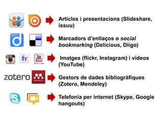 Articles i presentacions (Slideshare,
issuu)
Marcadors d’enllaços o social
bookmarking (Delicious, Diigo)
Imatges (flickr, Instagram) i vídeos
(YouTube)
Gestors de dades bibliogràfiques
(Zotero, Mendeley)
Telefonia per internet (Skype, Google
hangouts)
 