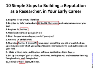 10 Simple Steps to Building a Reputation
as a Researcher, in Your Early Career
1. Register for an ORCID identifier
2. Register for information hubs: LinkedIN, Slideshare, and a domain name of your
own
3. Register for Twitter
4. Write and share a 1-paragraph bio
5. Describe your research program in 2 paragraph
6. Create a CV and share it
7. Share (on Twitter & LinkedIN) news about something you did or published; an
upcoming event in which you will participate; interesting news and publications in
your field
8. Make writing; data; publication; software available as Open Access
9. Set up tracking of your citations, mentions, and topics you are interested in using
Google scholar and Google alert,
10. Find your Klout score, H-index.
Source:MicahAltman,sBlog
http://nepalireporter.com/21956/paul-van-dyk-returns-uae/
 