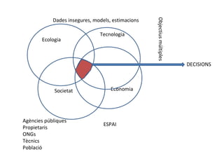Ecologia
Tecnologia
Societat Economia
DECISIONS
Dades insegures, models, estimacions
ESPAI
Objectiusmúltiples
Agències públiques
Propietaris
ONGs
Tècnics
Població
 