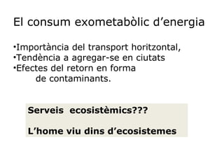 El consum exometabòlic d’energia
•Importància del transport horitzontal,
•Tendència a agregar-se en ciutats
•Efectes del retorn en forma
de contaminants.
Serveis ecosistèmics???
L’home viu dins d’ecosistemes
 
