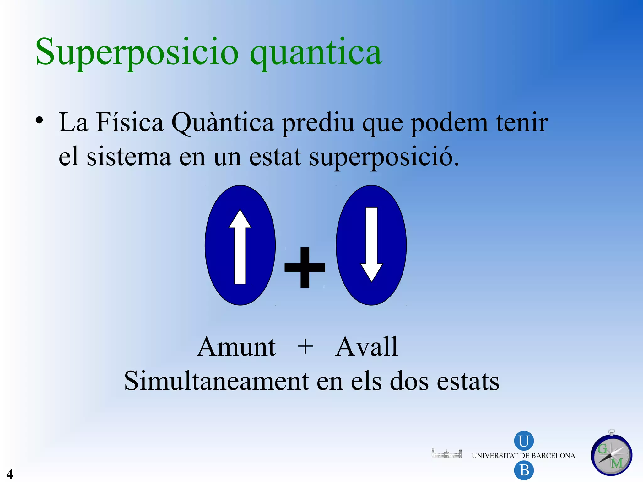 Superposicio quantica
    • La Física Quàntica prediu que podem tenir
      el sistema en un estat superposició.




                 Amunt + Avall
           Simultaneament en els dos estats


4
 