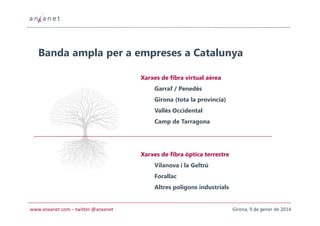 Banda ampla per a empreses a Catalunya
Xarxes de fibra virtual aèrea
Garraf / Penedès
Girona (tota la província)
Vallès Occidental
Camp de Tarragona

Xarxes de fibra òptica terrestre
Vilanova i la Geltrú
Forallac
Altres polígons industrials

www.anxanet.com – twitter @anxanet

Girona, 9 de gener de 2014

 