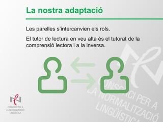 La nostra adaptació
Les parelles s’intercanvien els rols.
El tutor de lectura en veu alta és el tutorat de la
comprensió lectora i a la inversa.
 
