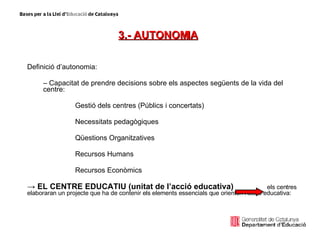 3.- AUTONOMIA   Definició d’autonomia: Capacitat de prendre decisions sobre els aspectes següents de la vida del centre: Gestió dels centres (Públics i concertats) Necessitats pedagògiques Qüestions Organitzatives Recursos Humans Recursos Econòmics ->  EL CENTRE EDUCATIU (unitat de l’acció educativa)  els centres elaboraran un projecte que ha de contenir els elements essencials que orienten l’acció educativa: 