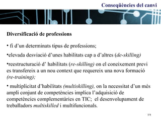 Conseqüències del canvi Diversificació de professions fi d’un determinats tipus de professions;  elevada desviació d’unes habilitats cap a d’altres ( de-skilling) reestructuració d’ habilitats ( re-skilling)  on el coneixement previ es transfereix a un nou context que requereix una nova formació  (re-training);  multiplicitat d’habilitats  (multiskilling),  on la necessitat d’un més ampli conjunt de competències implica l’adquisició de competències complementàries en TIC;  el desenvolupament de treballadors  multiskilled  i multifuncionals .  5/9 