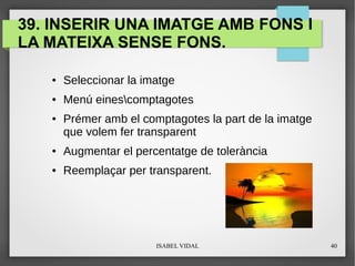 ISABEL VIDAL 40
39. INSERIR UNA IMATGE AMB FONS I
LA MATEIXA SENSE FONS.
● Seleccionar la imatge
● Menú einescomptagotes
● Prémer amb el comptagotes la part de la imatge
que volem fer transparent
● Augmentar el percentatge de tolerància
● Reemplaçar per transparent.
 
