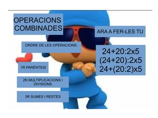 OPERACIONS
COMBINADES
ORDRE DE LES OPERACIONS:
1R PARÈNTESI
2N MULTIPLICACIONS I
DIVISIONS
3R SUMES I RESTES
ARA A FER-LES TU
24+20:2x5
(24+20):2x5
24+(20:2)x5
 