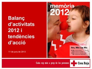 Presentació Memòria Creu Roja Catalunya 2012
11 de juny de 2013
Balanç
d’activitats
2012 i
tendències
d’acció
 