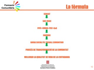 Elements clau Participació  de tothom:   les respostes als problemes de les persones estan a la mateixa comunitat. Hi ha uns valors que nodreixen el treball comunitari i haurien d’assolir-se: el treball comunitari hauria d’estimular  l’ajuda mútua i la solidaritat ; la  responsabilitat  i la  consciència crítica  vers el que ens envolta;  el compromís . La participació plena ha d’assolir tots aquests nivells.  És una realitat que no tothom es troba en les mateixes condicions. El treball comunitari ha de treballar amb l’objectiu de que cada membre de la comunitat assoleixi aquestes fases vers una  participació plena . En aquest sentit s’ha de tenir en compte una discriminació positiva vers les persones més desafavorides.   