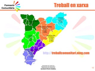 Elements clau Territorialitat:  és un element definitori de la comunitat, cal tenir en compte la seva unitat més propera; per exemple, el barri.  Les entitats:  quin tipus d’entitats? S’han de tenir presents les agrupacions informals i l’associacionisme emergent: estimular l’agrupació de persones per afinitats. Font:   http :// www.esplai.org /DINAMITZADORS/ materials / treball%20comunitari / index.htm Autoria: Mila Serrano (dinamitzadora sociodigital del punt Òmnia JIS Arrels) 