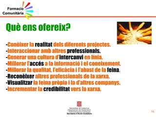 AaA PdC PIGC Òmnia Treball comunitari Mateixa comunitat xarxa Transformació  Qualitat de vida Participació  Mateixa ciutadania empoderament recursos projectes programes transversalitat Mateix territori Desenvolupament Què tenim en comú? Mateixos actors socials Programes preventius innovació Programes en creixement contemporanis Inclusió social 