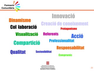Crear un sentiment de  pertinença  cap  un projecte comú. Obrir nous mecanismes de  comunicació  directa. Participar a espais de  reflexió , anàlisi i construcció que millorin la pròpia feina i d’altres projectes. Facilitar la  interacció  i la gestió de propostes de treball conjuntes. Crear una cultura professional de treball  conjunt . I alguna cosa més.. 