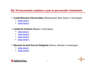 5
Els 16 monuments catalans a què es pot accedir virtualment
Castell Monestir d'Escornalbou (Riudecanyes, Baix Camp): 2 recorreguts.
Visita virtual 1
Visita virtual 2
Castell de Cardona (Bages): 4 recorreguts.
Visita virtual 1
Visita virtual 2
Visita virtual 3
Visita virtual 4
Monestir de Sant Pere de Galligants (Girona, Gironès): 2 recorreguts.
Visita virtual 1
Visita virtual 2
 
