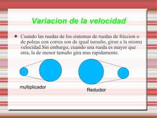 Variacion de la velocidad Cuando las ruedas de los siutemas de ruedas de friccion o de poleas con correa son de igual tamaño, giran a la misma velocidad.Sin embargo, cuando una rueda es mayor que otra, la de menor tamaño gira mas rapidamente. multiplicador Reductor 