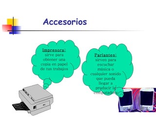 Accesorios   Parlantes:  sirven para escuchar música o cualquier sonido que pueda llegar a producir la computadora Impresora:  sirve para obtener una copia en papel de tus trabajos 