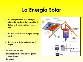 La Energía Solar <ul><li>La energía solar es la energía obtenida mediante la captación de la luz y el calor emitidos por e...