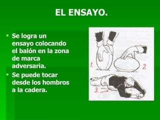 EL ENSAYO. Se logra un ensayo colocando el balón en la zona de marca adversaria. Se puede tocar desde los hombros a la cadera. 
